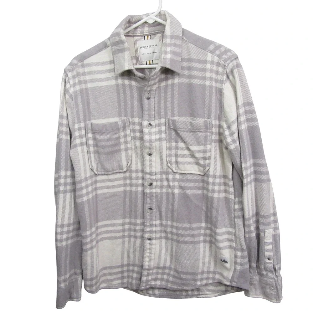 Denim & Flower Mens Button Up Flannel‎ Shirt M Gray Plaid Long Sleeve